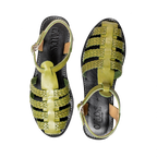 Cayucas Alma, olive green woven leather huarache fisherman sandal, top view, handmade in Sahuayo Michoacán Mexic