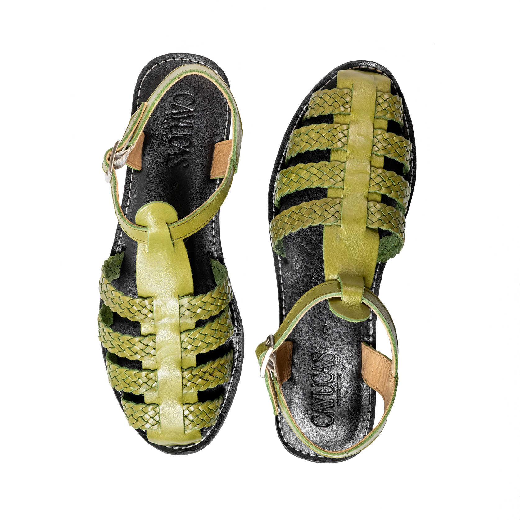 Cayucas Alma, olive green woven leather huarache fisherman sandal, top view, handmade in Sahuayo Michoacán Mexic