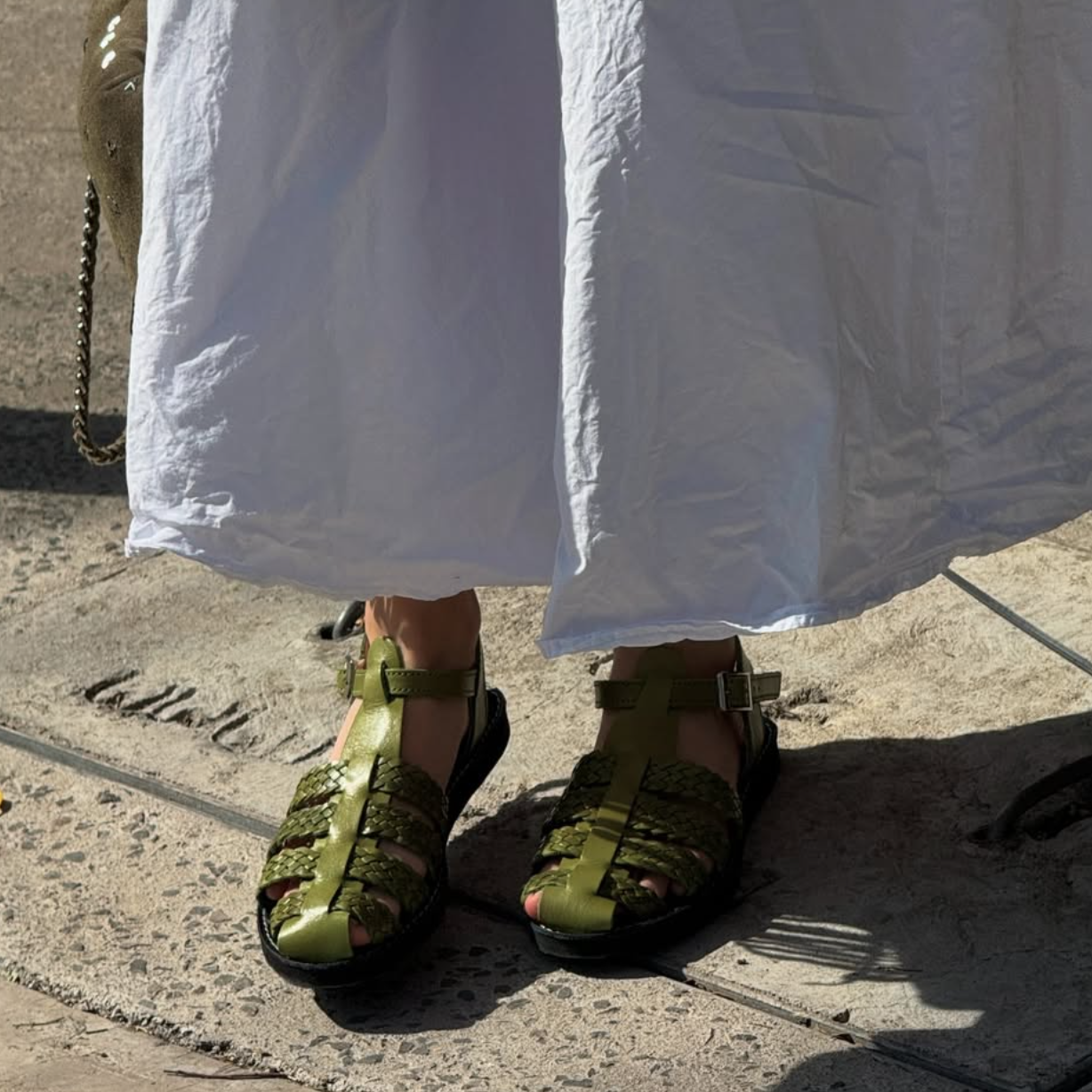 Cayucas Alma, olive green woven leather huarache fisherman sandal, handmade in Mexico