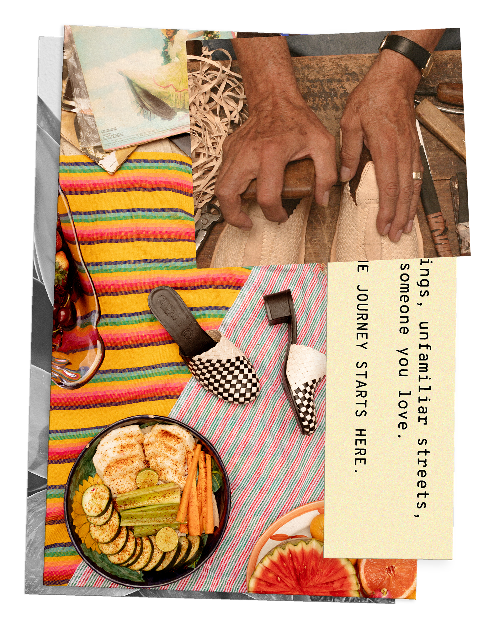 Cayucas artisan hands handweaving leather huarache in Sahuayo Michoacán Mexico, collage with traditional serape textile and checkered huarache styles